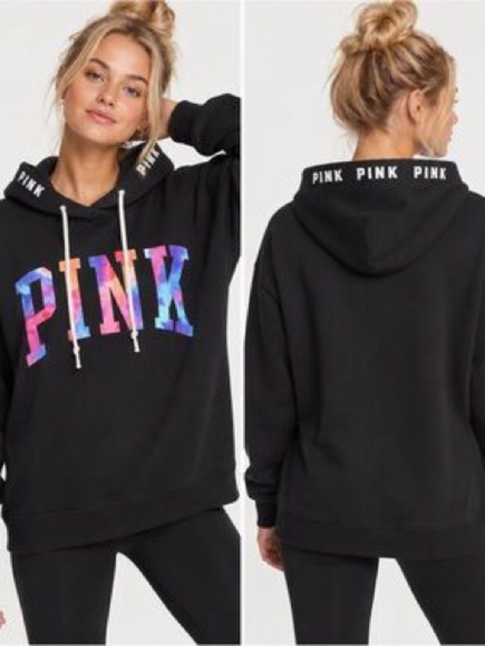 PINK by Victorias Secret Black Watercolour Logo Pullover Hoodie Size Medium